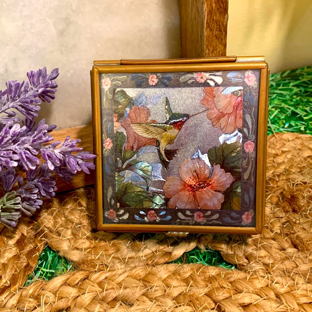 Enesco, Hummingbird stained glass trinket box, mirrored box, EUC